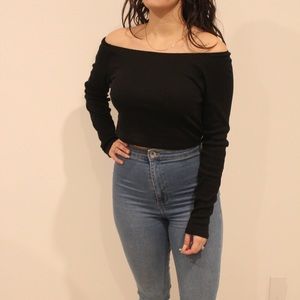 Black Long Sleeve Rib Knit Tee Crop Top